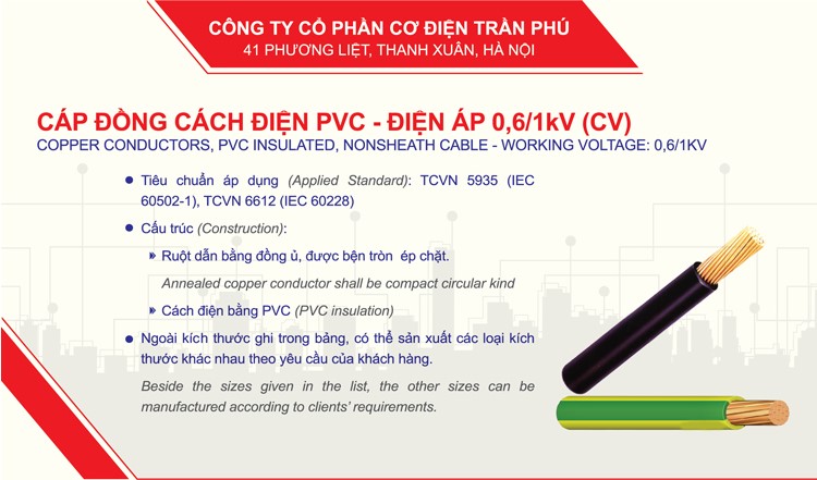 cáp đồng cách điện PVC - điện áp 0,6/1kV